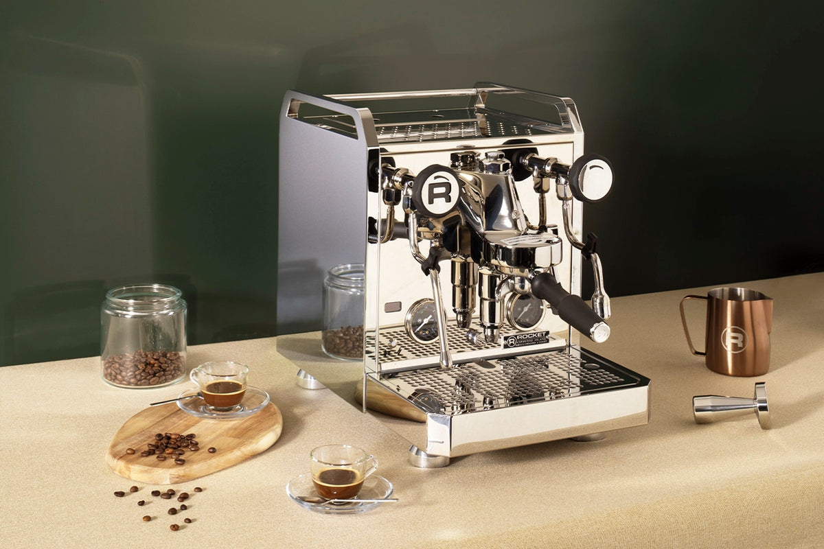 Espresso Machine Mozzafiato FAST Rocket Espresso Domestica – Lifestyle – On a Counter with Coffee Beans