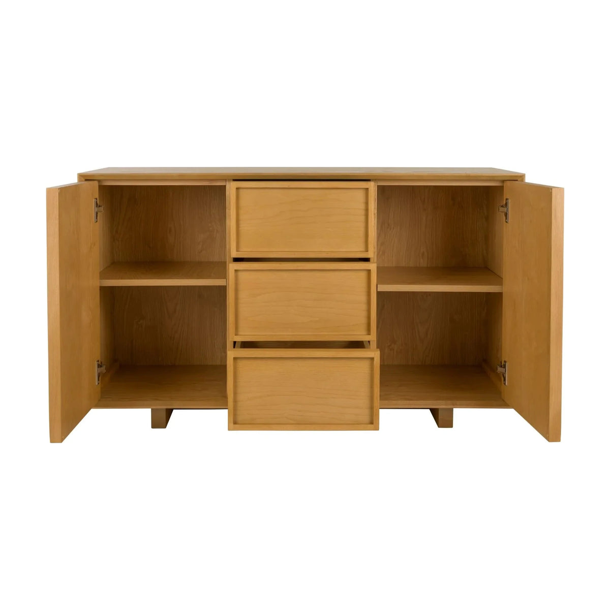 Sideboard Raster High Domestica – Front View on White, Doors Open and Drawer Pulled Out