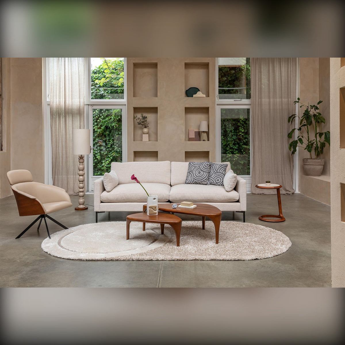 Lounge Chair Frie Beige Walnut Domestica – Lifestyle – Living Room with Sofa and Coffee Table