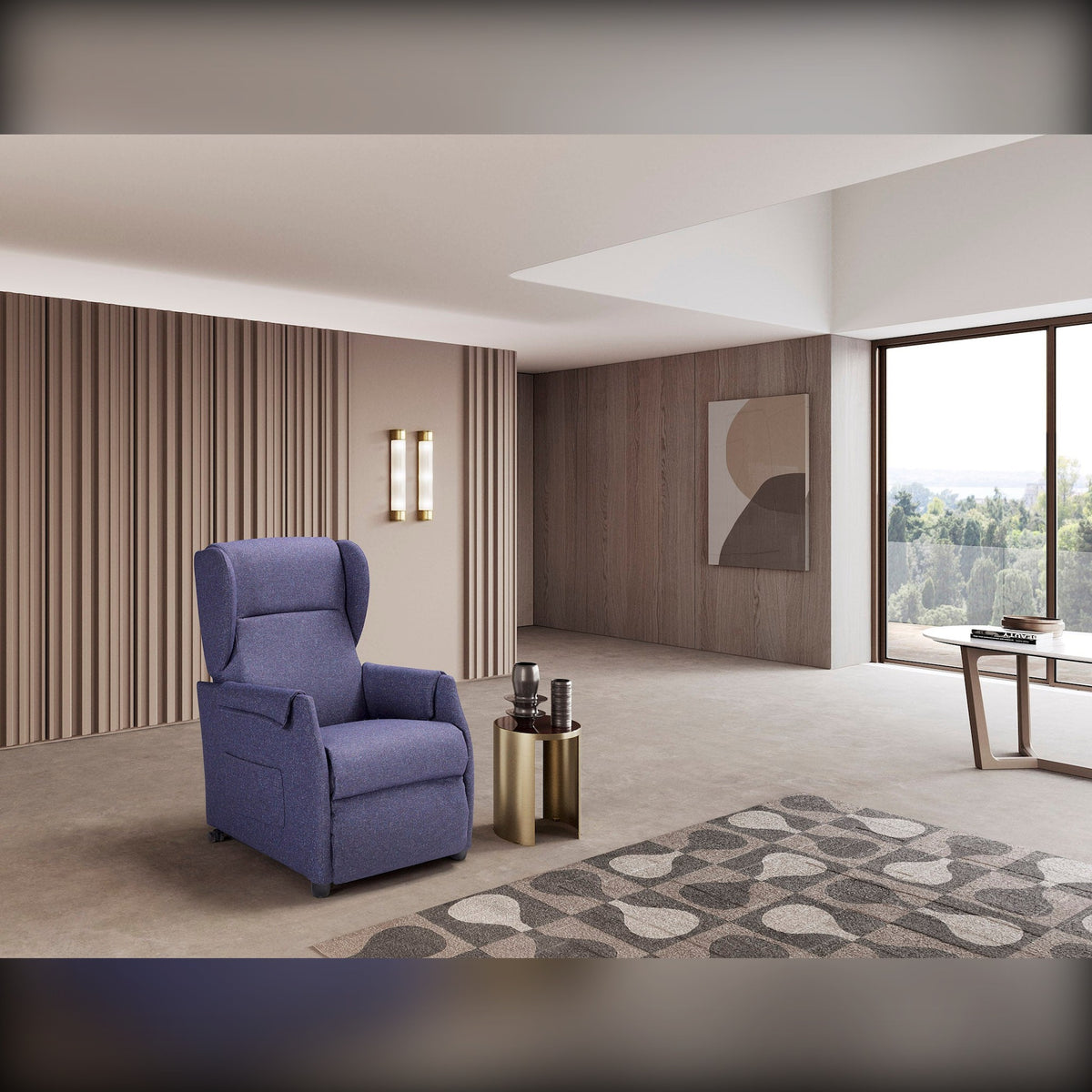 Lift Recliner Armchair Easy Blue Domestica – Lifestyle – In a Living Room with Patterned Rug