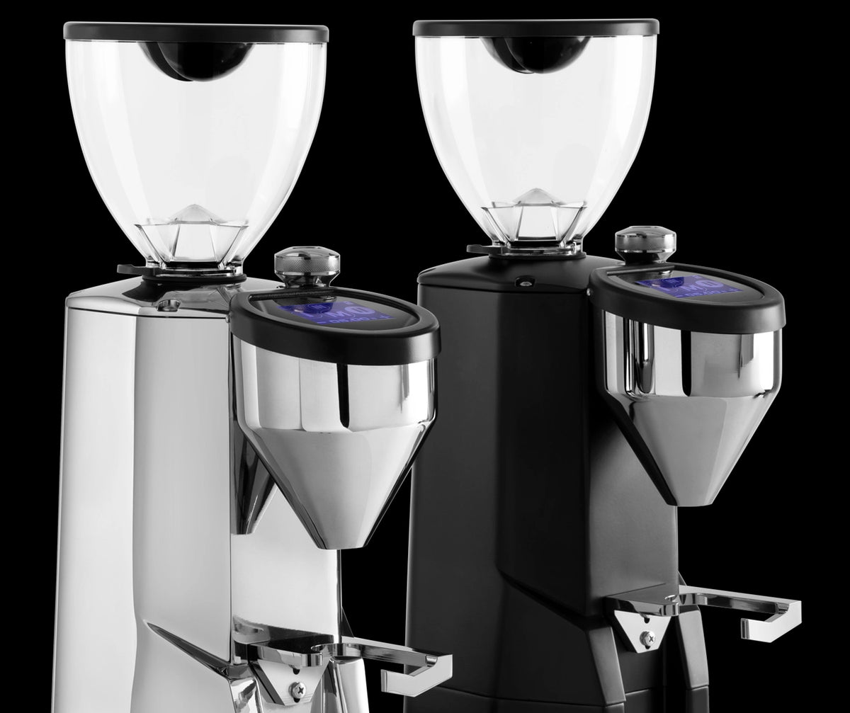 Coffee Grinder Super Fausto Rocket Espresso Domestica – Polished Silver and Matte Black Versions Side by Side