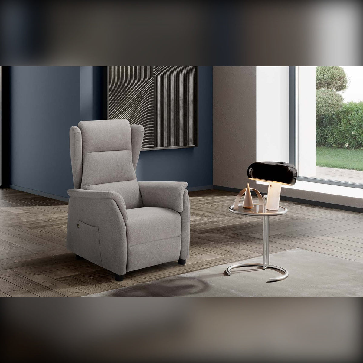 Lift Recliner Armchair Denim Light Grey Domestica – Lifestyle – In a Living Room