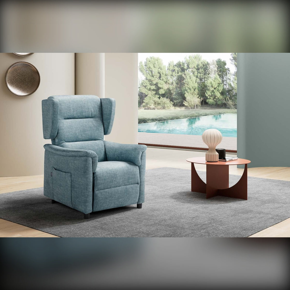 Lift Recliner Armchair Ester Light Blue Domestica – Lifestyle – In a Living Room
