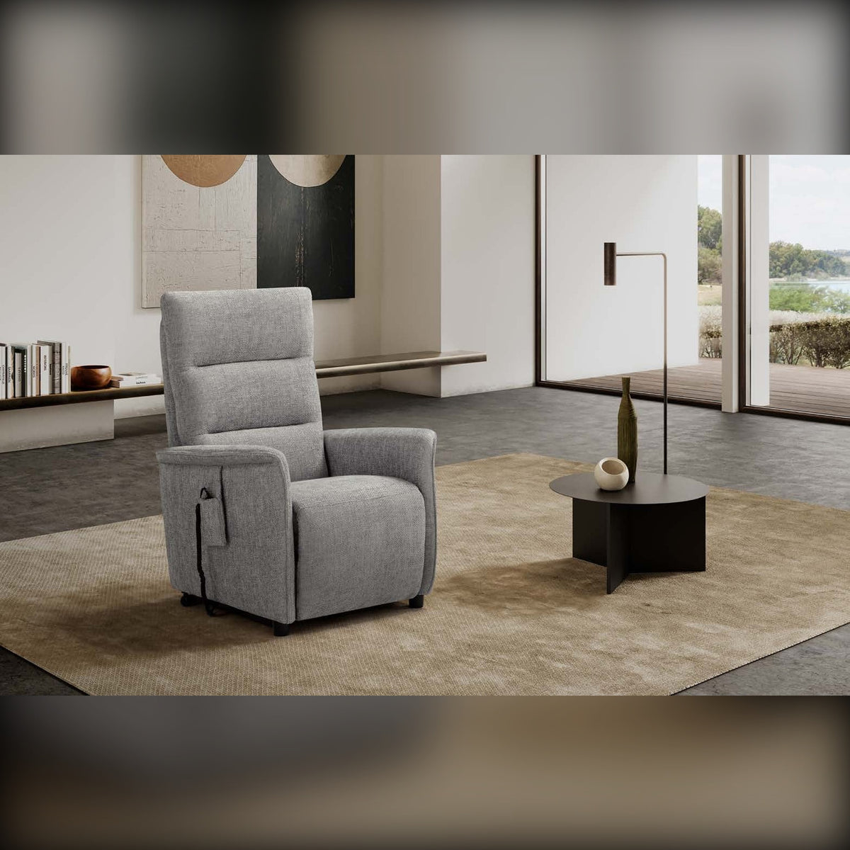 Compact Lift Recliner Armchair Piquet Light Grey Domestica – Lifestyle – In a Living Room