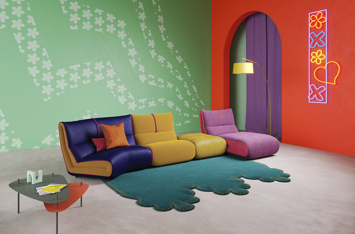 Merlino Egoitaliano Domestica – Lifestyle – Teal Rug with a Modular Sofa in a Colourful Living Room