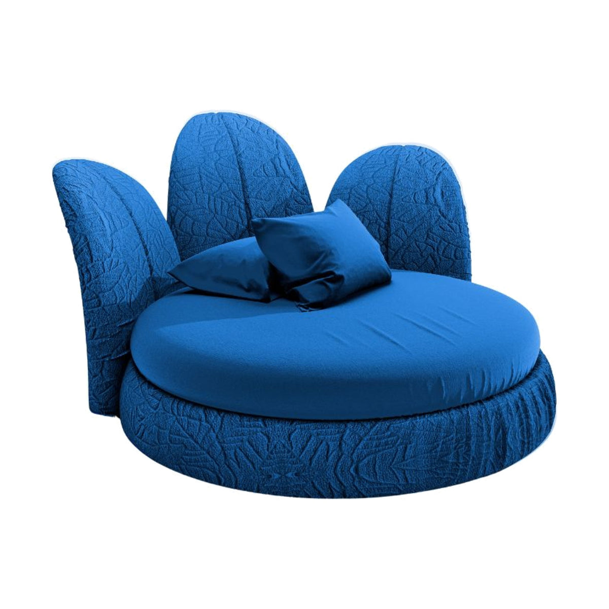 Petalo Daybed Egoitaliano Domestica – Round Outdoor Daybed in Blue, Three Quarter View on White