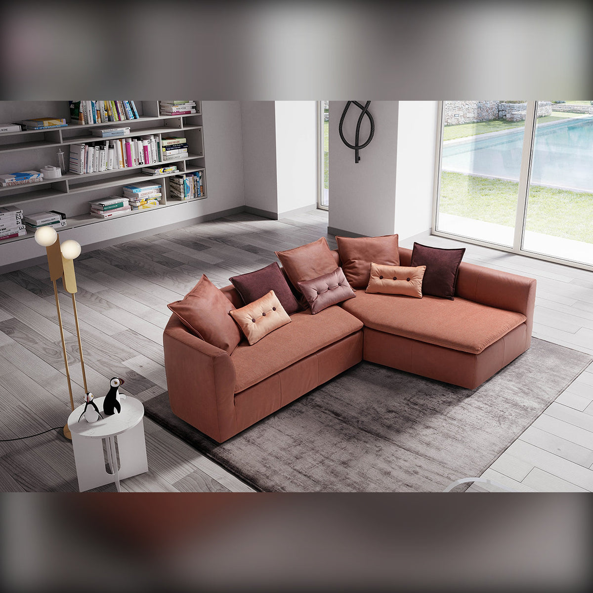 Buttons Egoitaliano Domestica – Lifestyle – Cushions on a Corner Sofa in a Living Room