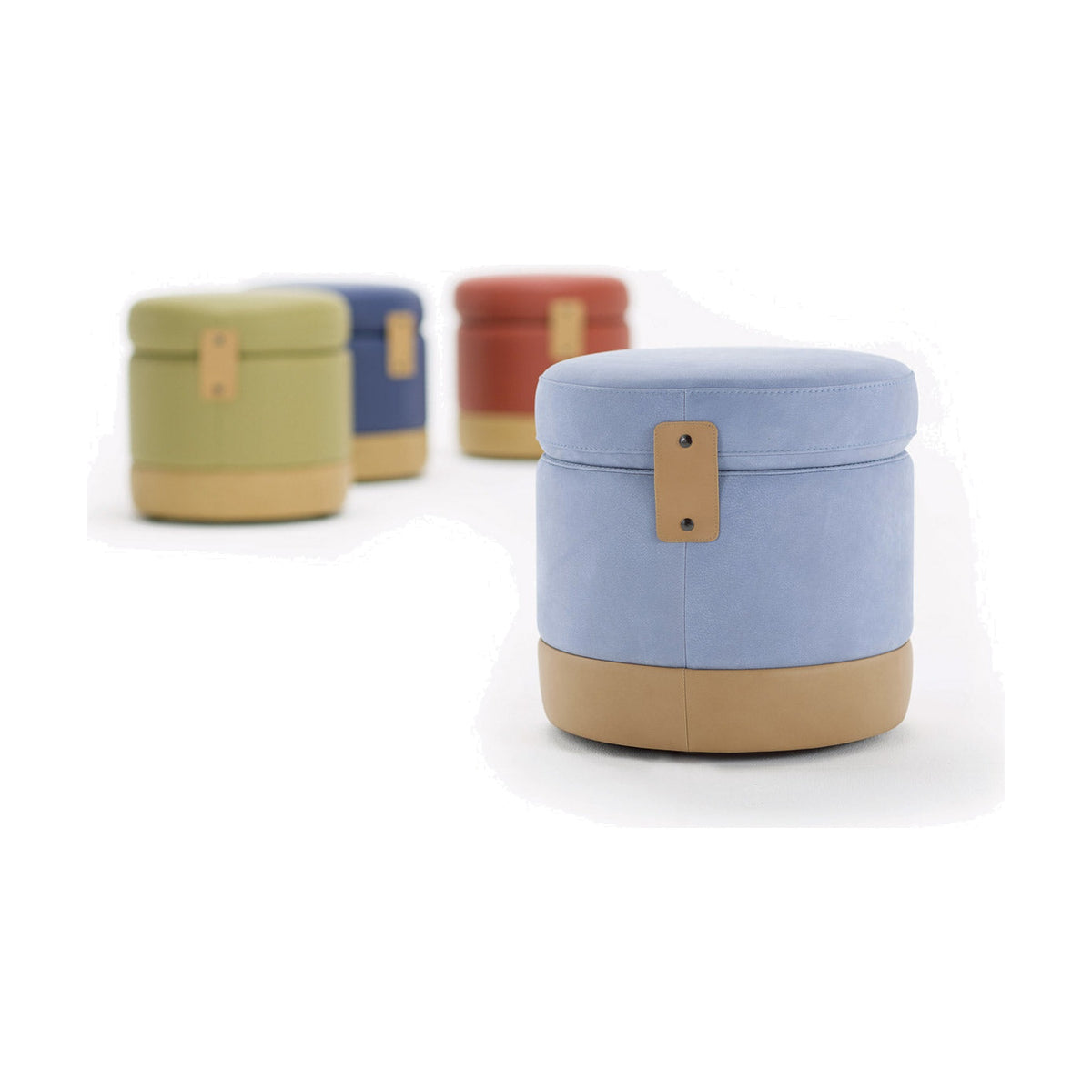 Tonder Egoitaliano Domestica – Storage Poufs in Light Blue, Green, Blue and Red on White