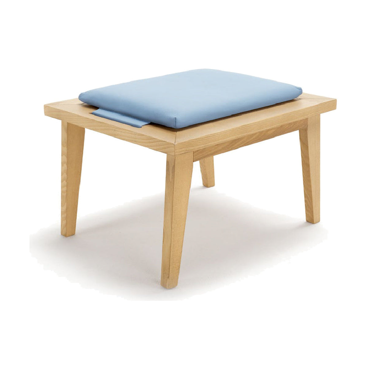 Lido Egoitaliano Domestica – Ash Footstool with Light Blue Cushion, Three Quarter View on White