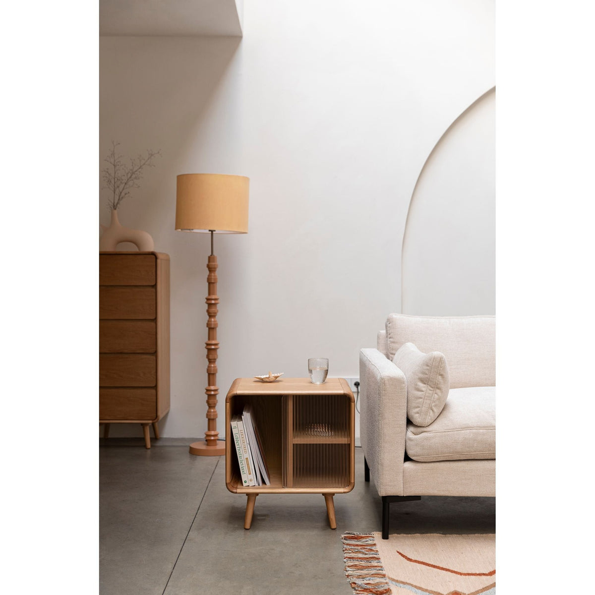 Side Table Rise Natural Domestica – Lifestyle – Living Room with Armchair and Floor Lamp