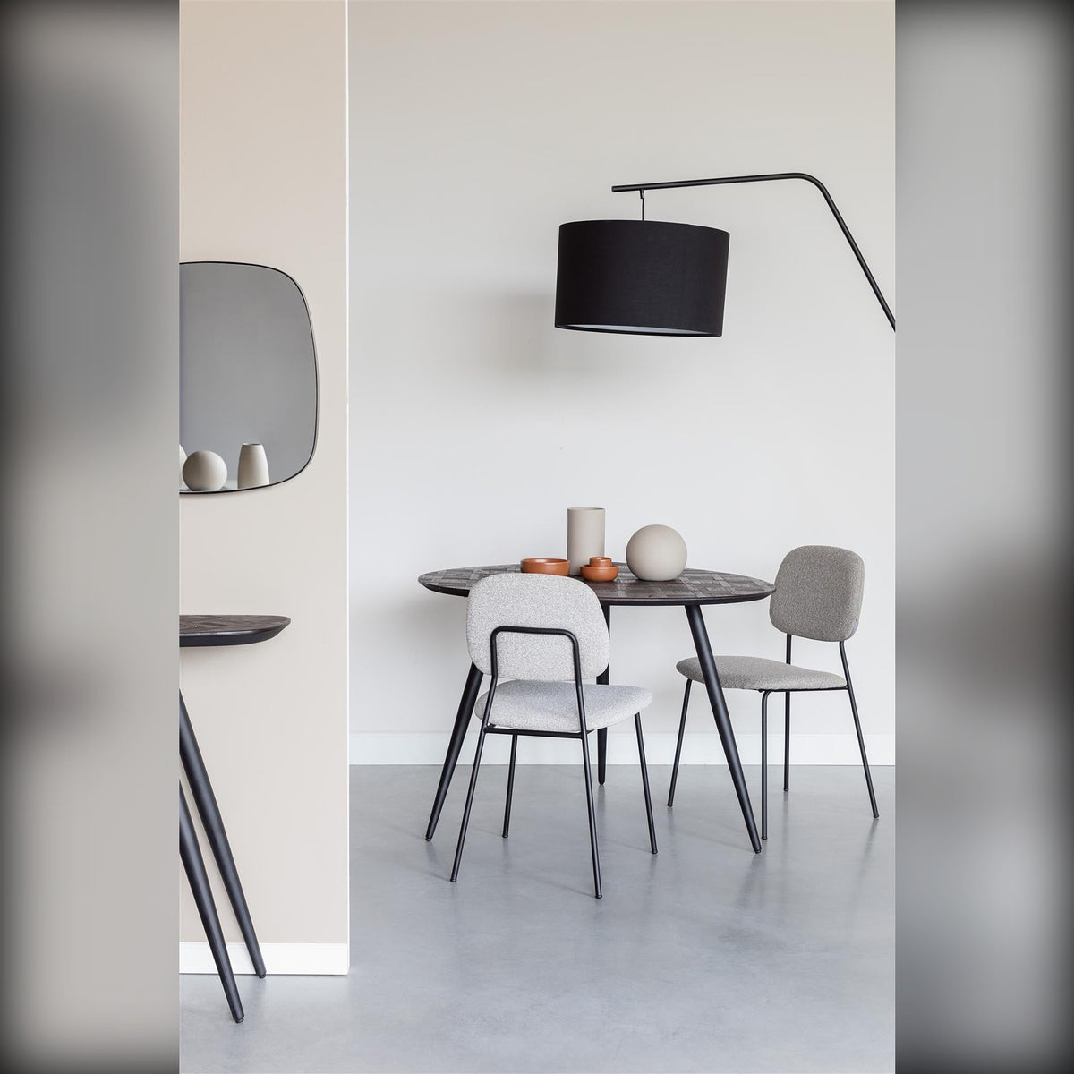 Dining Table Webster Round Brown Domestica – Lifestyle – Dining Room with Grey Chairs