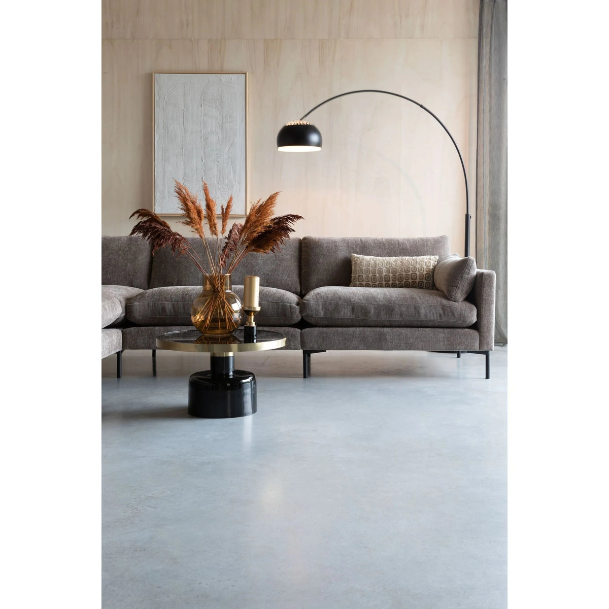Coffee Table Glam Black Domestica – Lifestyle – Grey Sofa and Arc Lamp, Portrait View