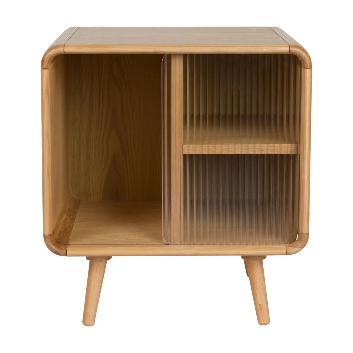 Side Table Rise Natural Domestica – Front View on White, Ribbed Door Slid Right