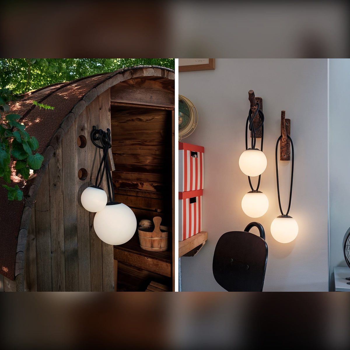 Bolleke Mini La Surprise Anthracite Domestica – Lifestyle – Hanging by a Wooden Cabin and on a Wall