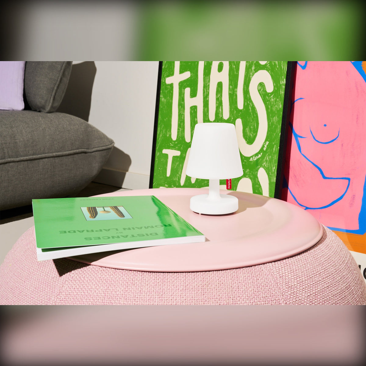 Edison la Surprise Domestica – Lifestyle – On a Pink Pouf with Books and Posters