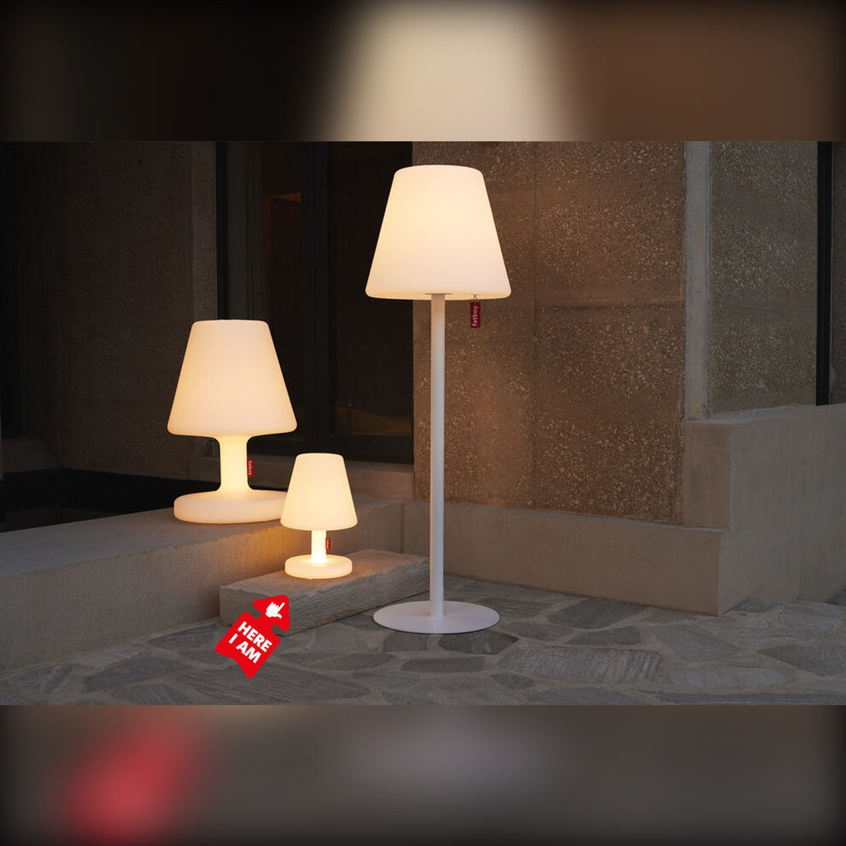 Edison the Medium White Domestica – Lifestyle – Lit Lamps on Outdoor Steps at Night