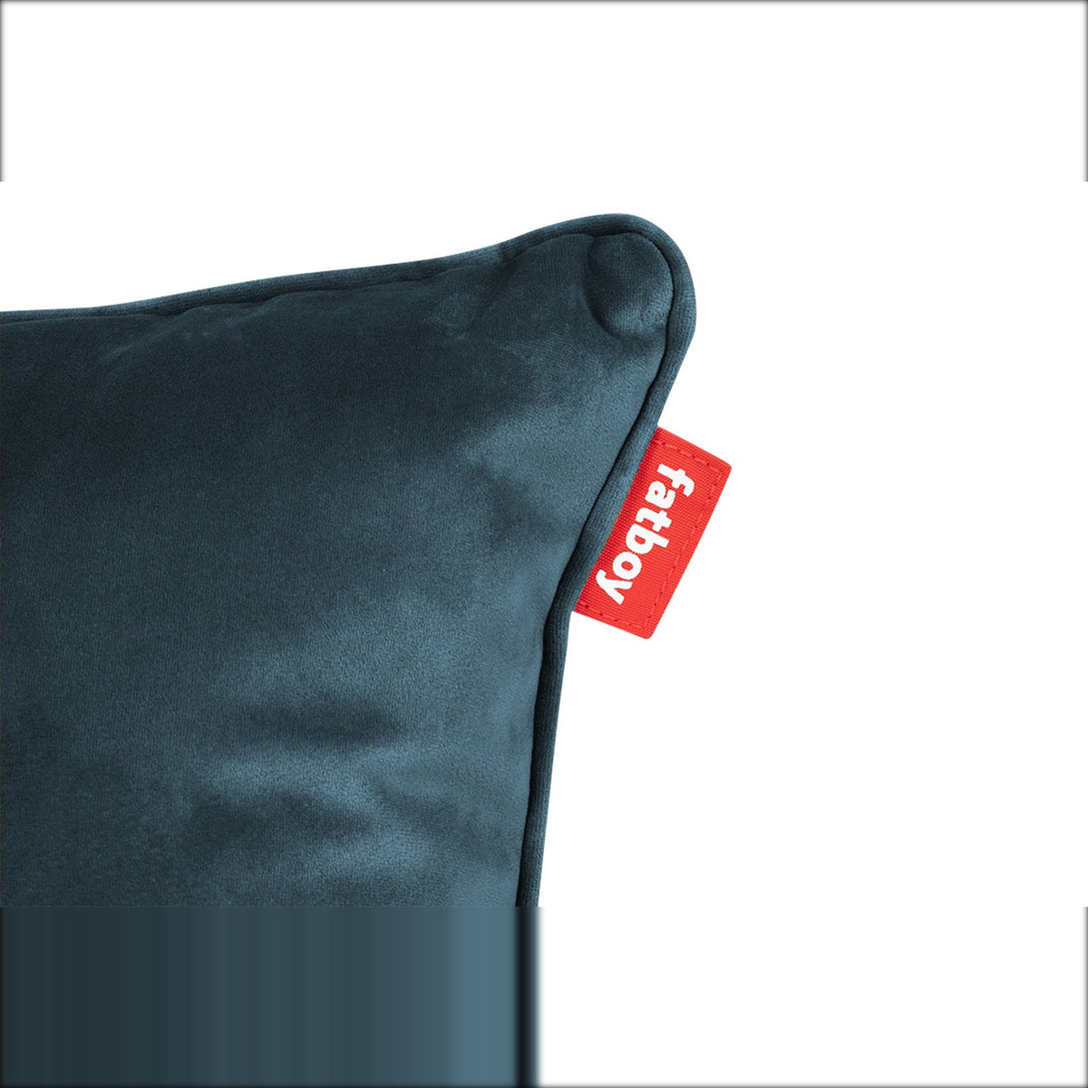 Square Pillow Velvet Petrol Domestica – Corner and Fatboy Label Close-up