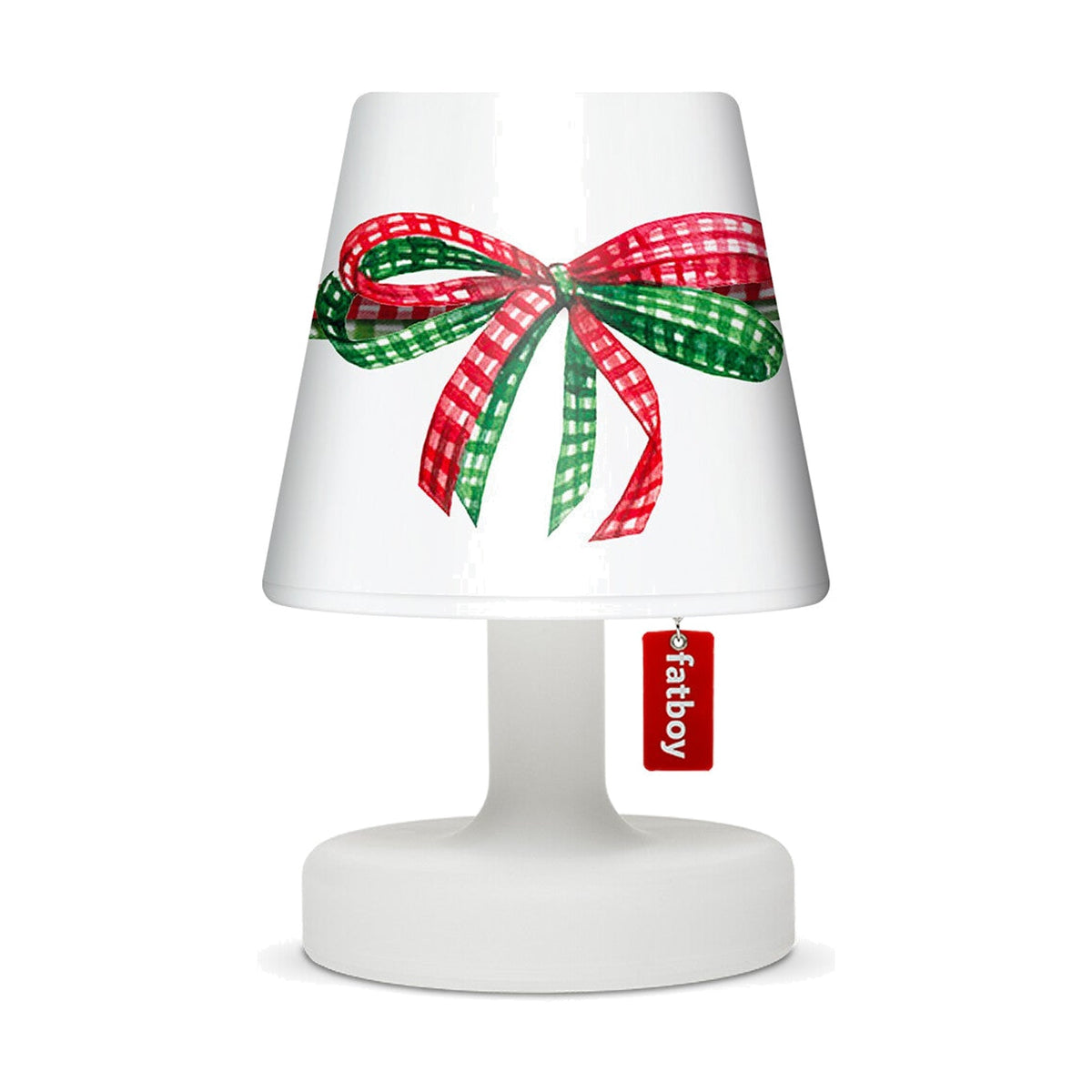 Xmas Cooper Cappie – Bow Wow – shade on Edison lamp, front view on white