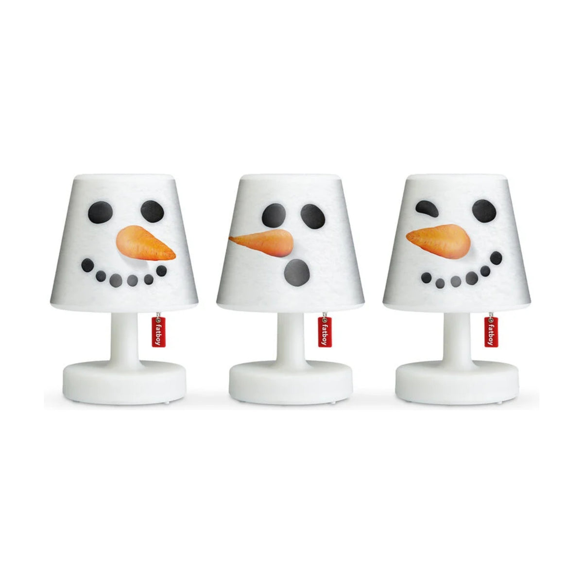 Xmas Mini Cappie Set Snowmen (3 pcs) Domestica – Set of Three Shades on Edison Mini Lamps, Front View on White