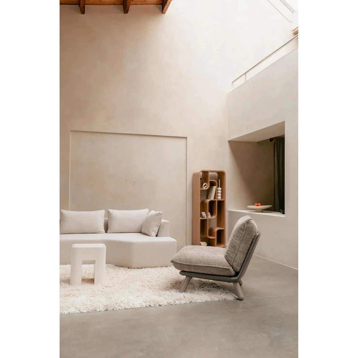 Lounge Chair Lazy Sack Soft Beige Domestica – Lifestyle – Living Room with Sofa, Portrait