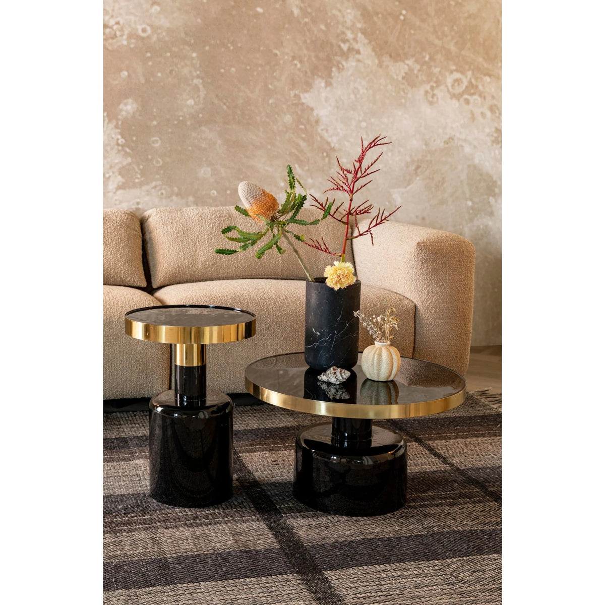 Coffee Table Glam Black Domestica – Lifestyle – With a Second Table in Front of a Cream Sofa
