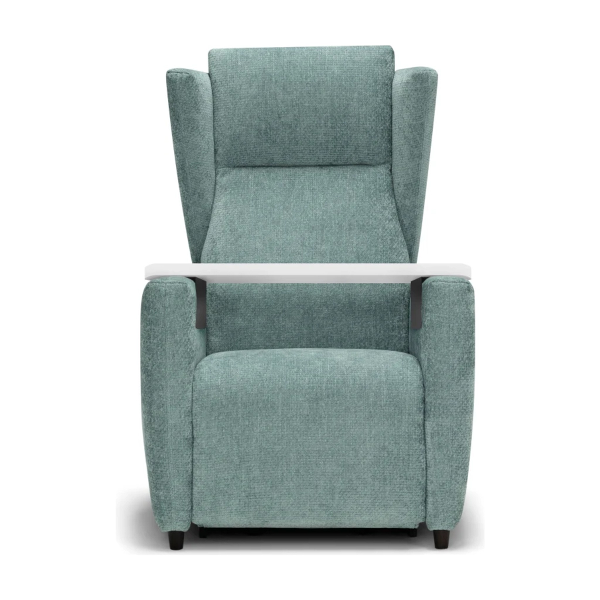 Lift Recliner Armchair Orson Light Blue Domestica – Front View with Over-Chair Table on White