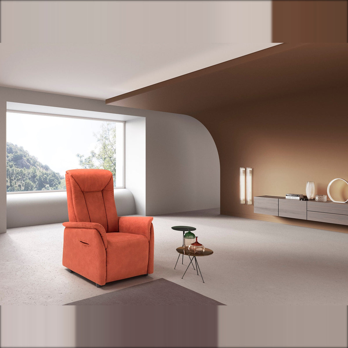 Lift Recliner Armchair Galà Terracotta Domestica – Lifestyle – In a Room with Curved Walls and Garden View