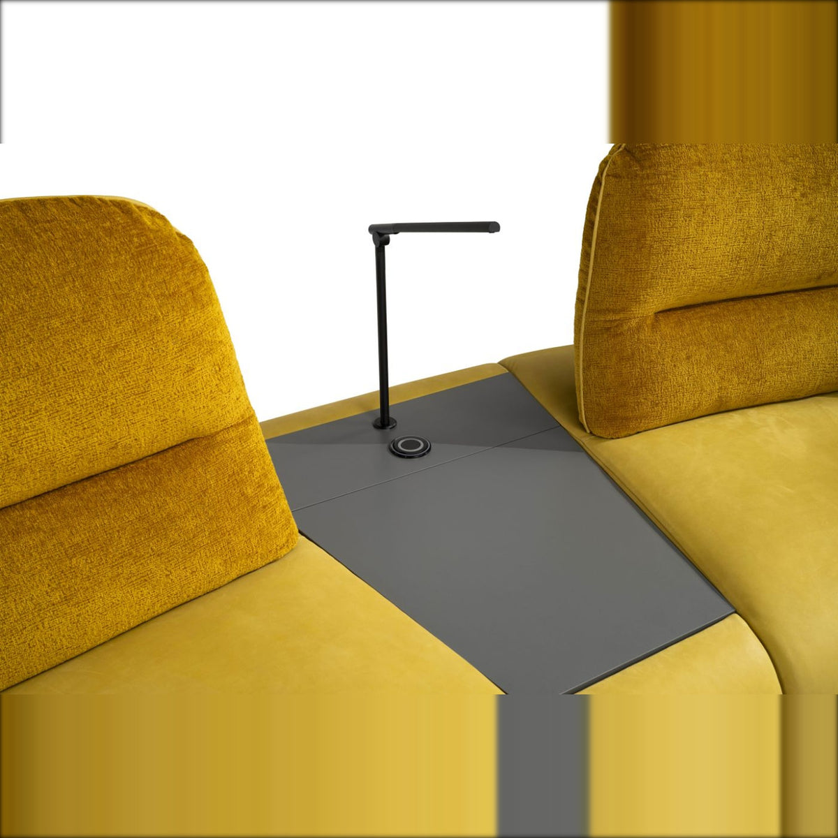 Egoitaliano Hoops Home Theatre Sofa Mustard Yellow Velvet Domestica – Detail Pouf TAV with Lamp and Wireless Charger Top View

