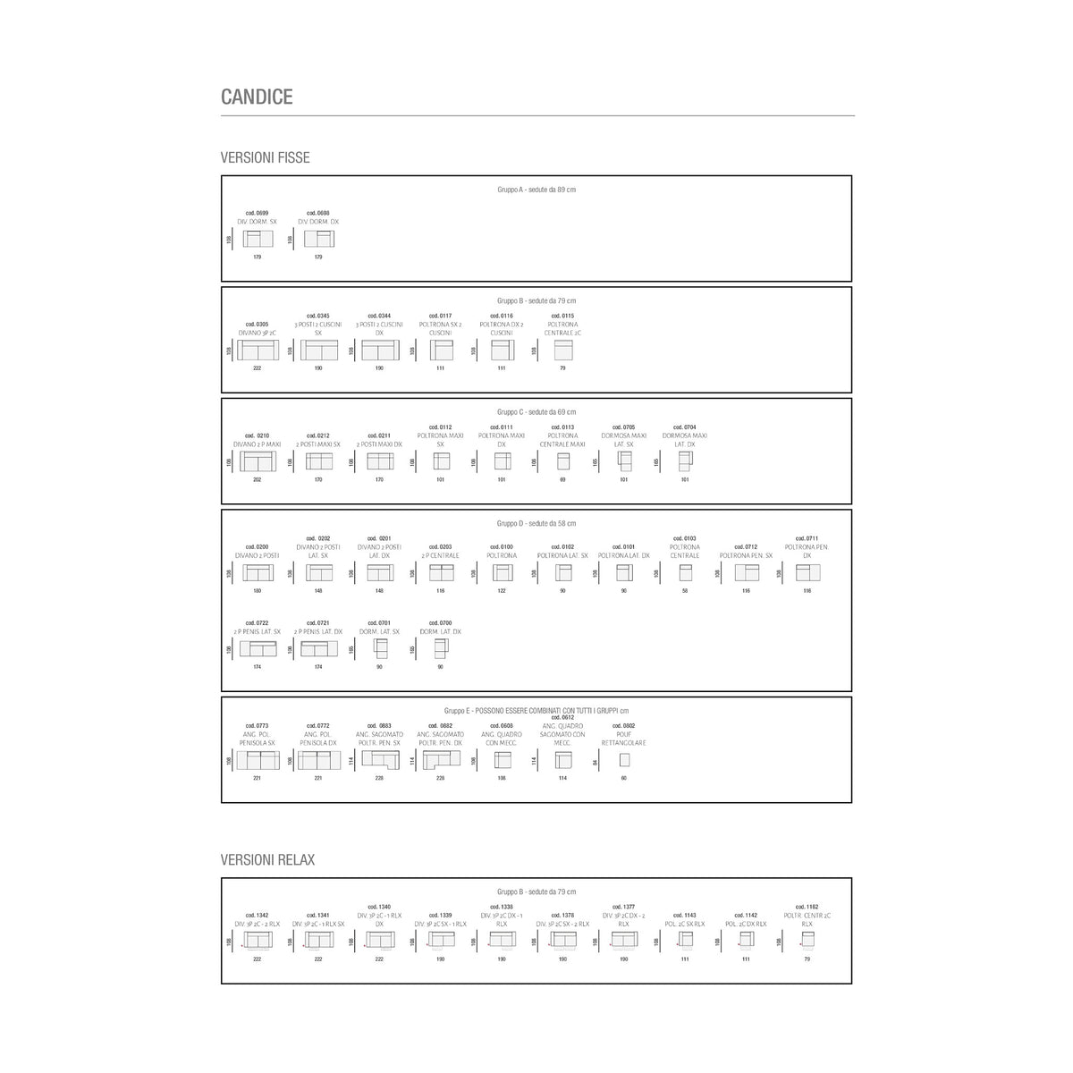 Divano Candice 3P Celeste Domestica – Dimensions Sheet Page 1 Fixed Versions Full Range