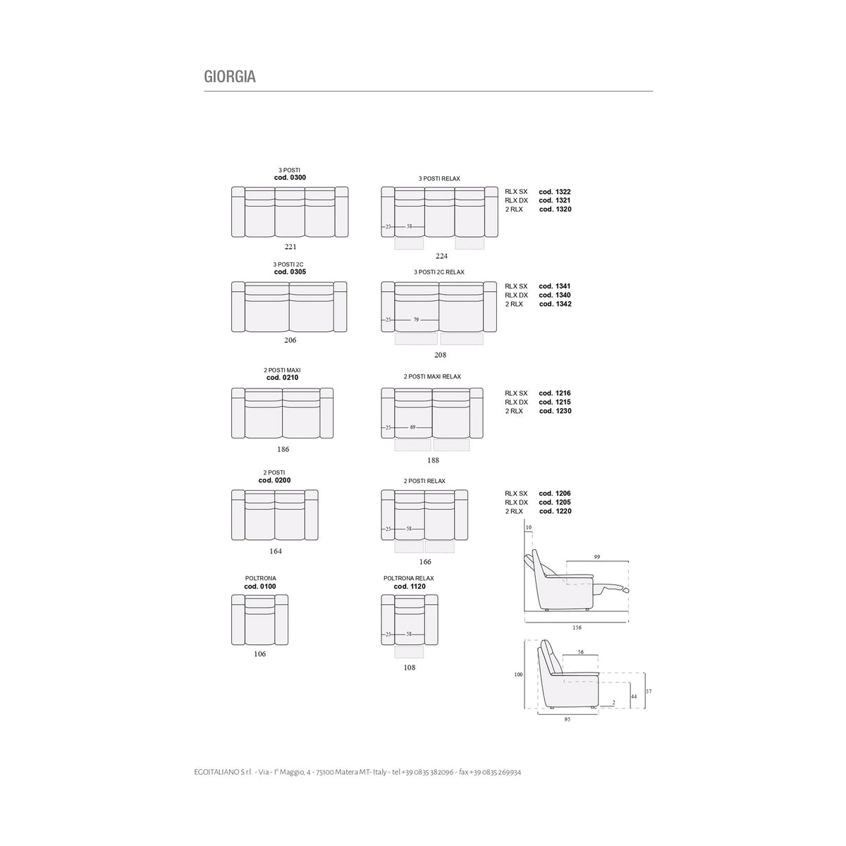 Divano Giorgia 3P Taupe Domestica – Dimensions Sheet All Fixed And Relax Versions Side Elevation