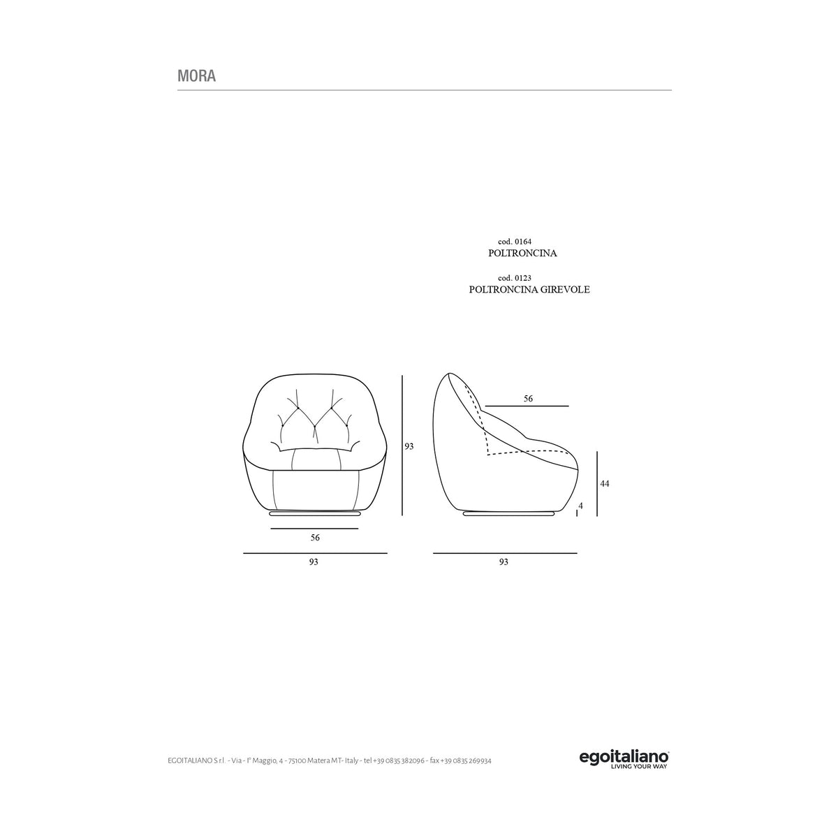 Poltrona Mora Rosso Velluto Domestica – Dimensions Sheet Poltroncina cod.0164 And Poltroncina Girevole cod.0123 Side Elevation