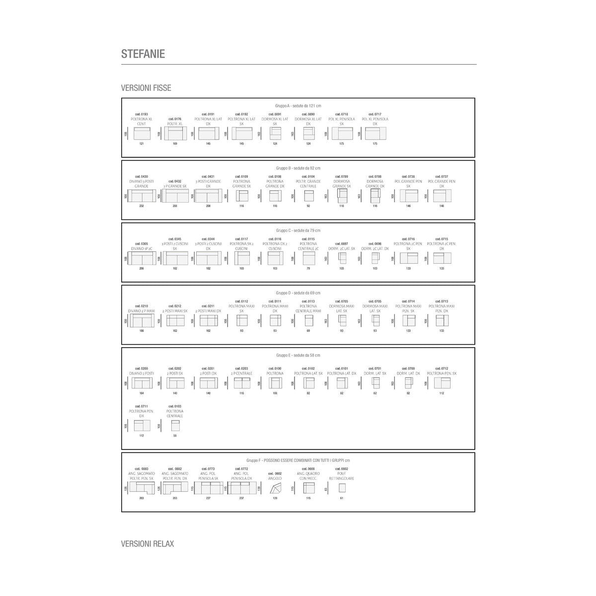 Divano Stefanie 3P Grigio Domestica – Dimensions Sheet Page 1 Versioni Fisse