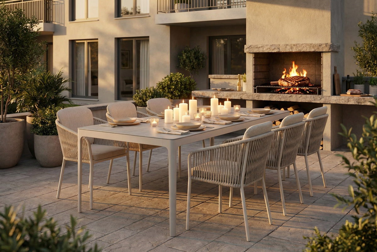 Dining Table Ducast Domestica – Lifestyle – With Lucca Chairs by an Outdoor Fireplace