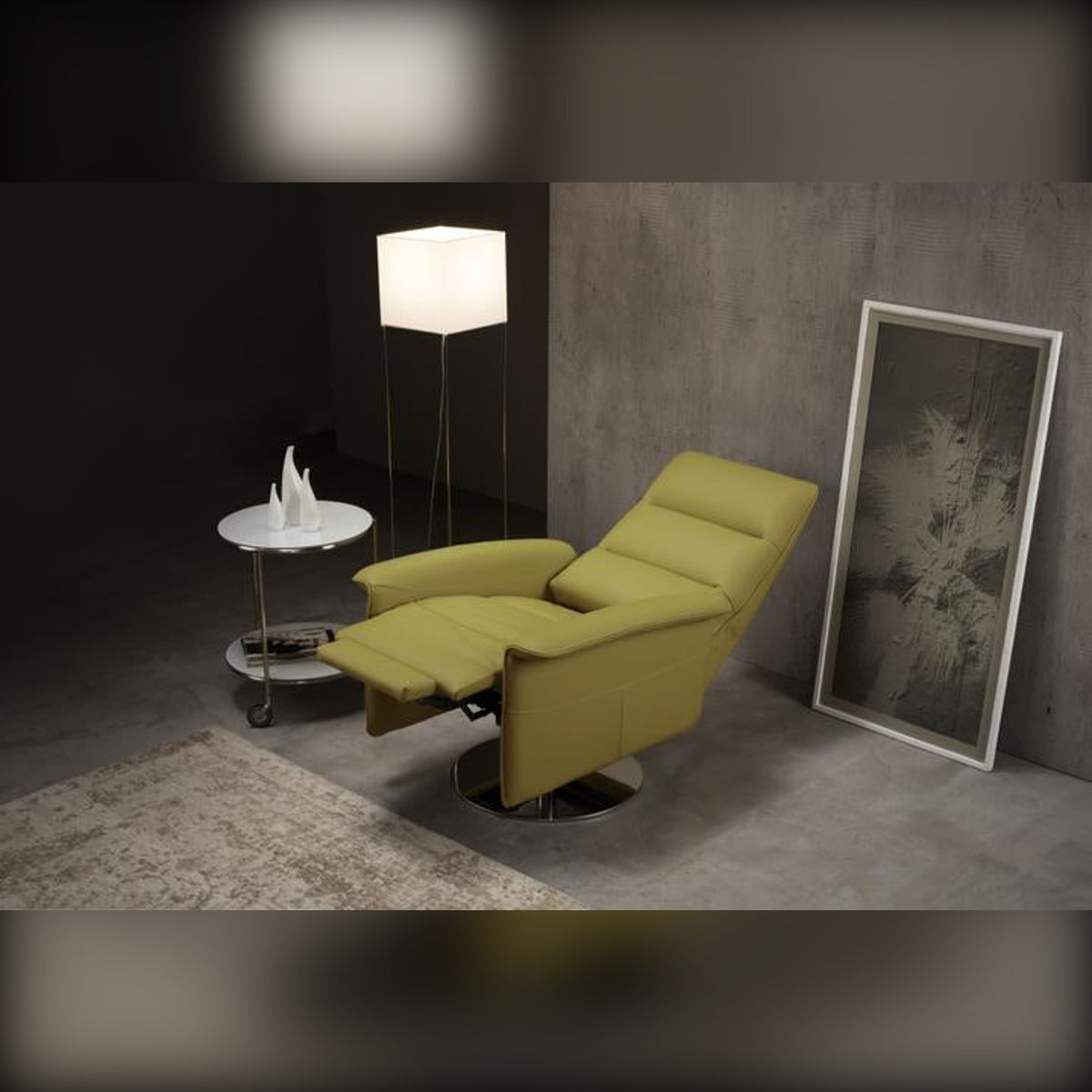 Recliner Armchair Kelly Swivel Grey Domestica – Lifestyle – Reclined with Footrest Raised – Shown in Green