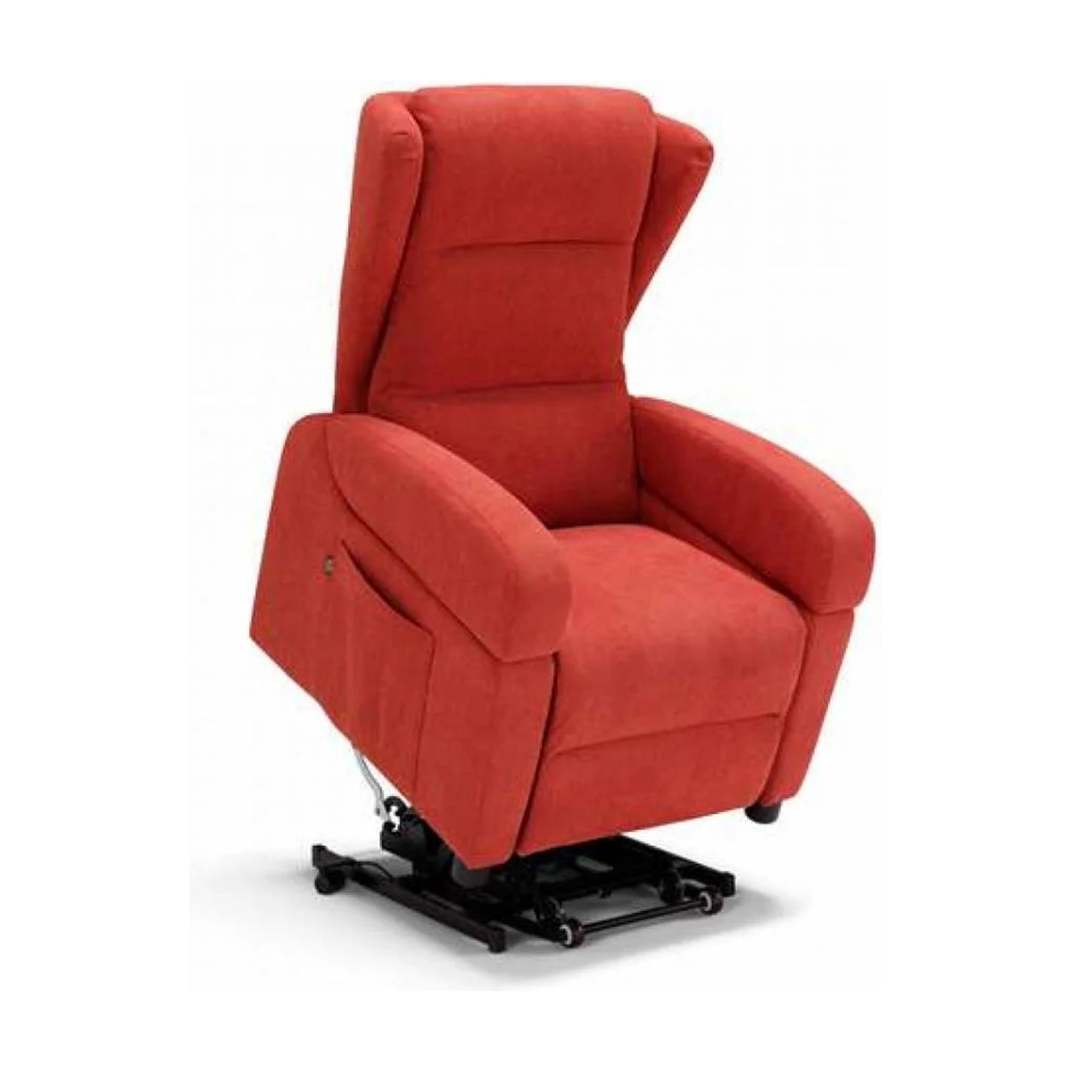 Lift Recliner Armchair Batik Red Domestica – Lift Function Raised, Three Quarter View on White