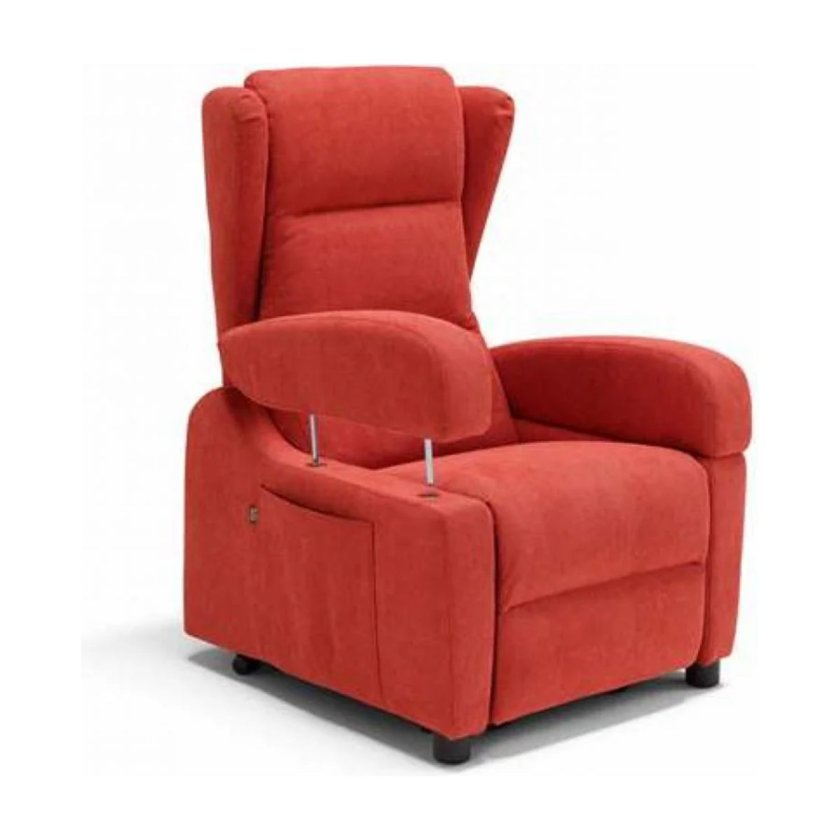 Lift Recliner Armchair Batik Red Domestica – Three Quarter View with Armrest Lifted on White