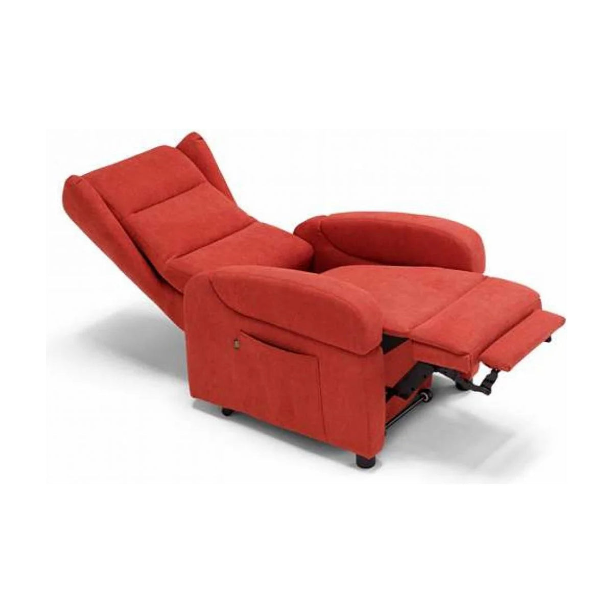 Lift Recliner Armchair Batik Red Domestica – Fully Reclined, Three Quarter View on White