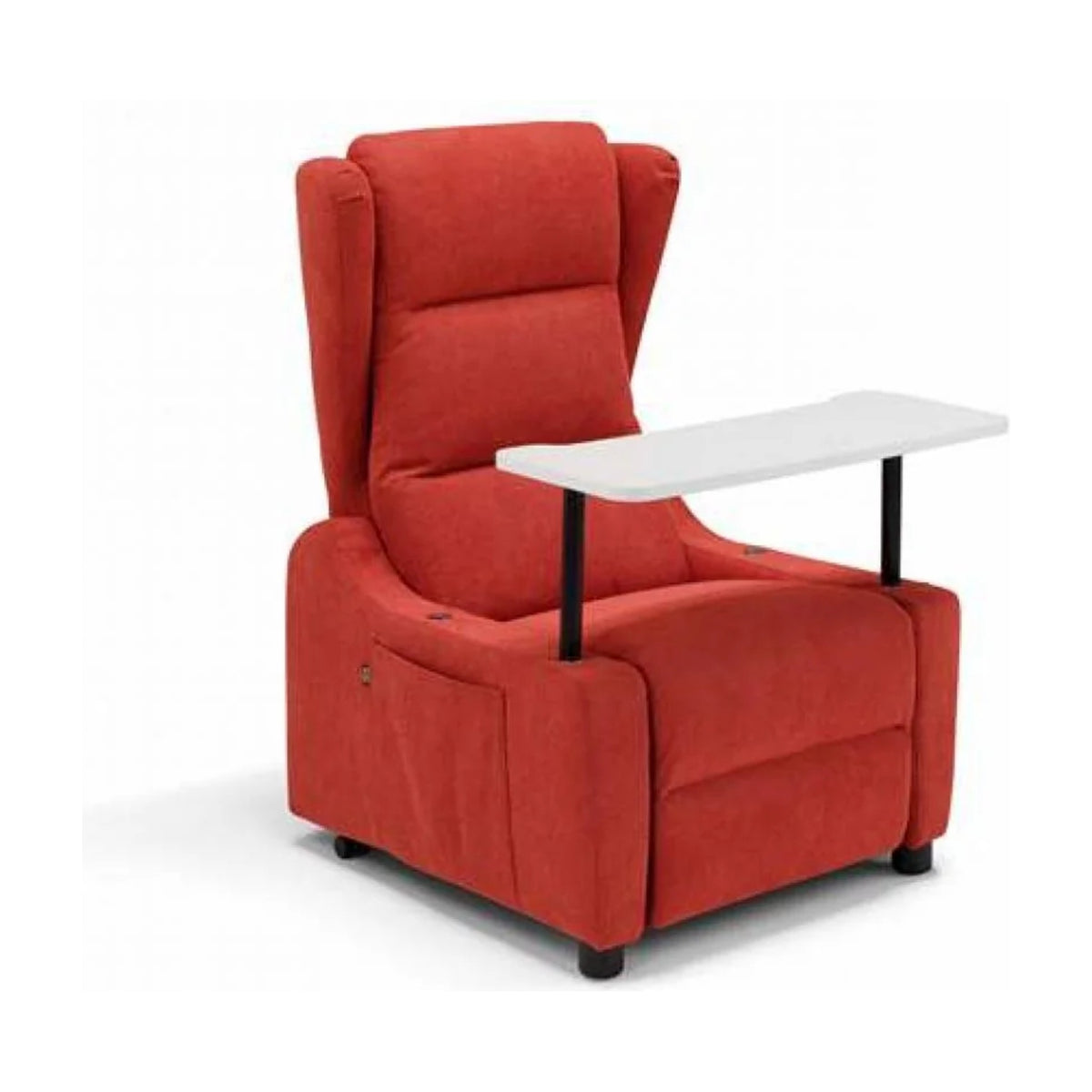 Lift Recliner Armchair Batik Red Domestica – With Over-Chair Table, Three Quarter View on White