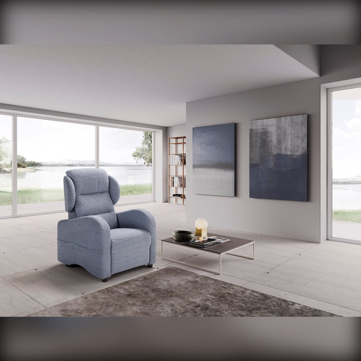 Lift Recliner Armchair Mamy Light Blue Domestica – Lifestyle – In a Living Room with Large Window and Artwork