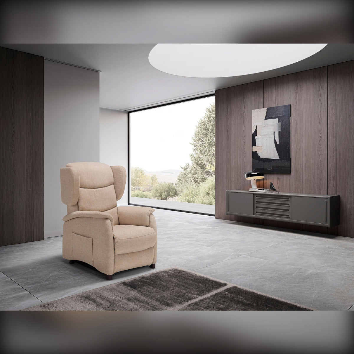 Lift Recliner Armchair Minù Beige Domestica – Lifestyle – In a Dark-Toned Room with Large Window