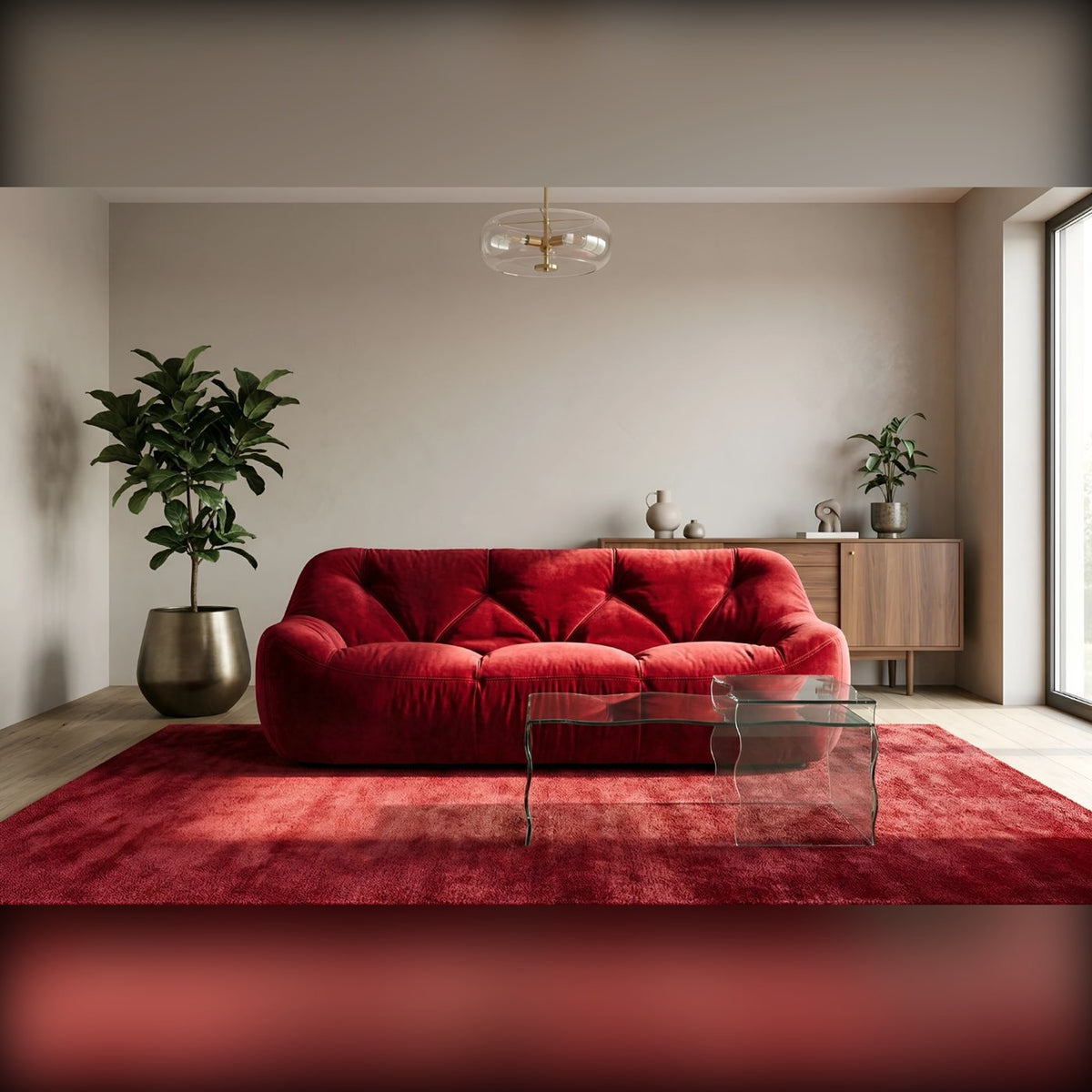 Morosa Domestica – Lifestyle – Red Sofa on a Red Rug with Plants