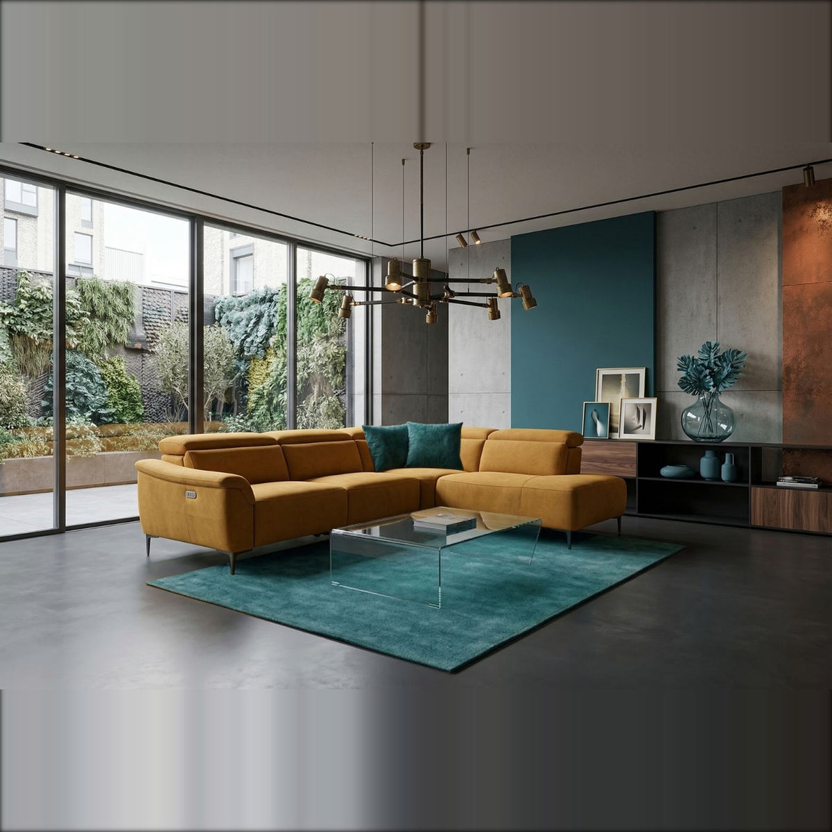 Muni Domestica – Lifestyle – Ochre Corner Sofa with Teal Rug in a Living Room