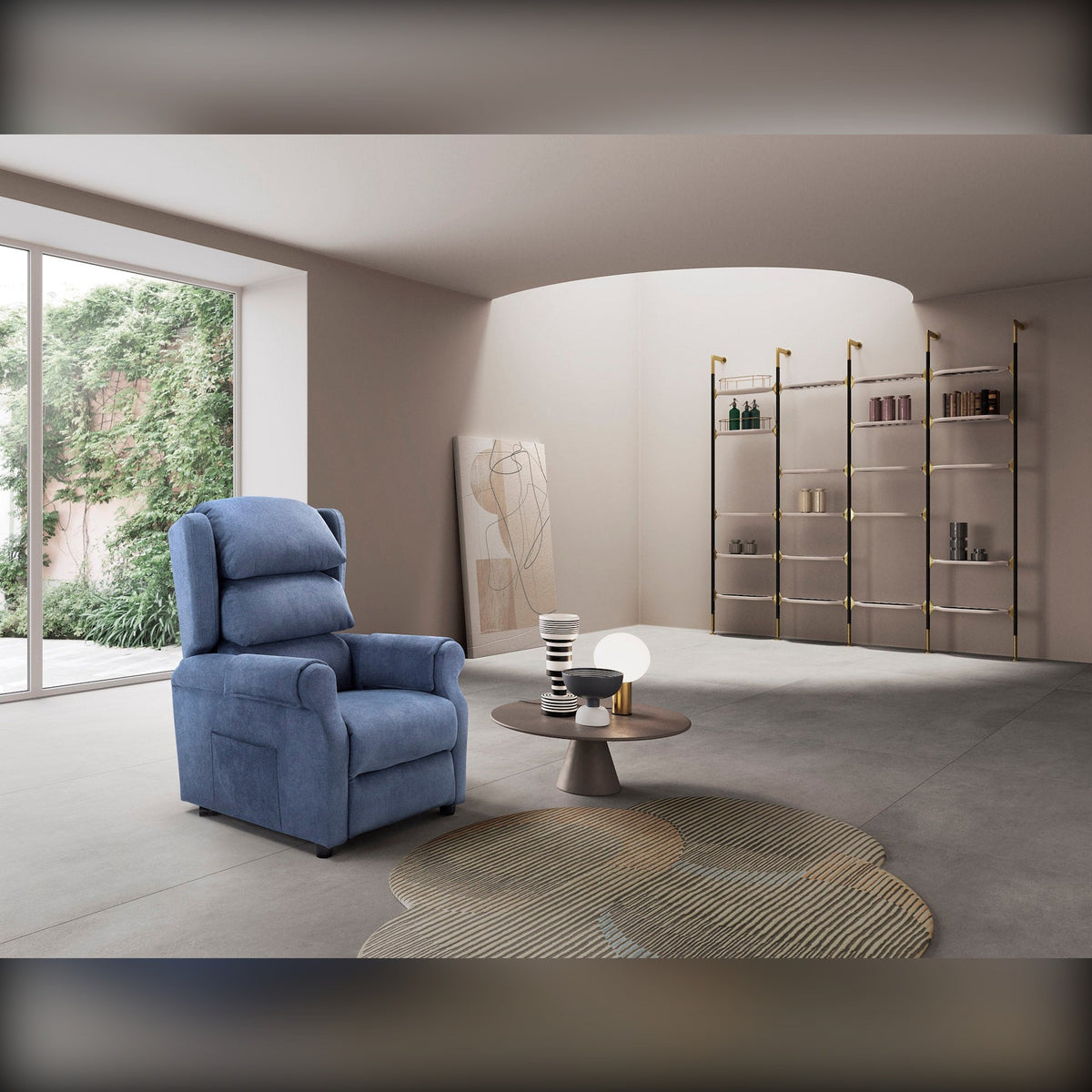 Lift Recliner Armchair Nuvola Blue Domestica – Lifestyle – In a Living Room with Shelving and Garden View