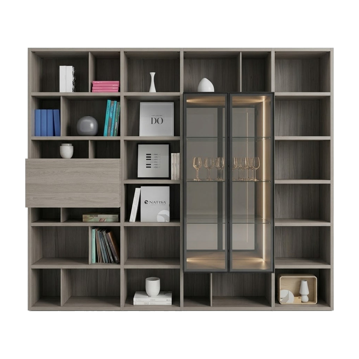Bookcase ORME with Bar Grey Domestica – Front View on White