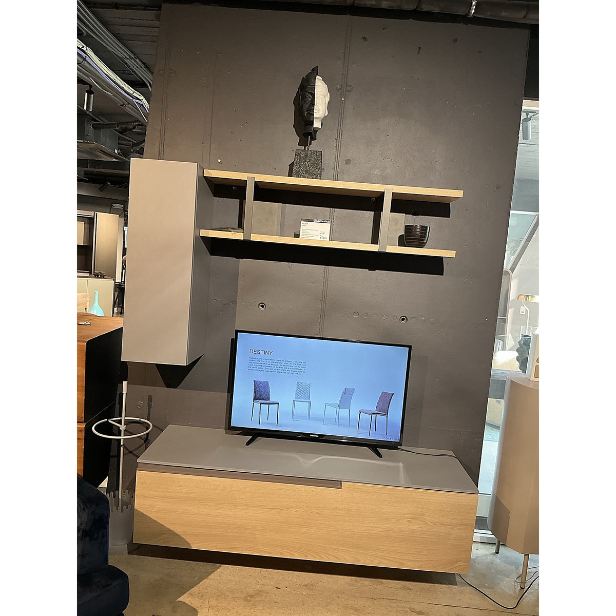 TV Unit ORME Grey and Oak Domestica – Angle View in Showroom