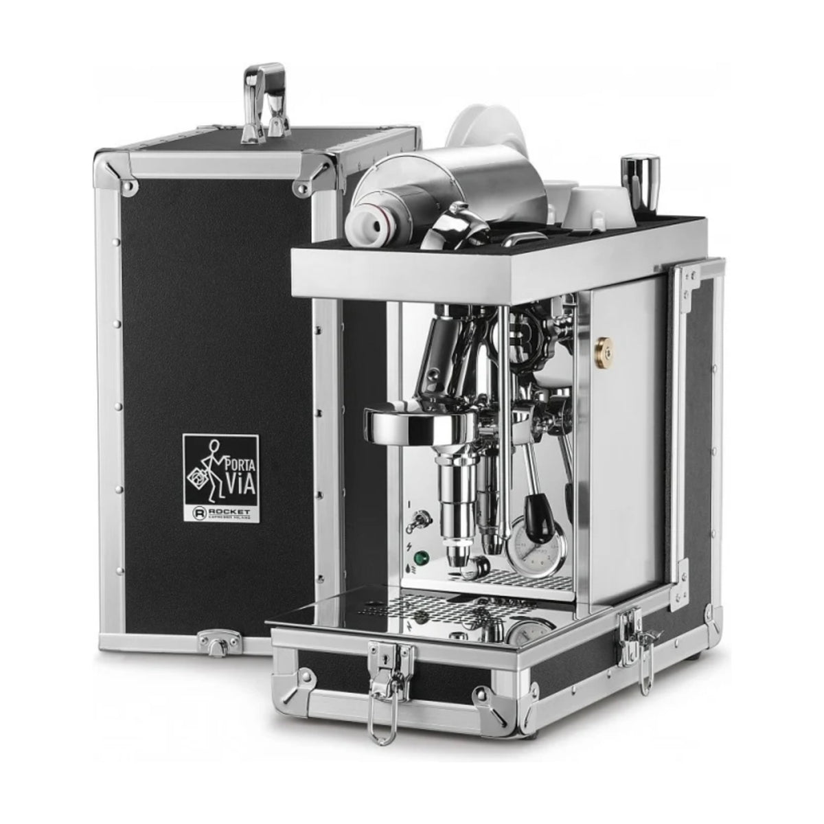 Espresso Machine Porta Via Rocket Espresso Domestica – Three Quarter View in Open Flight Case on White