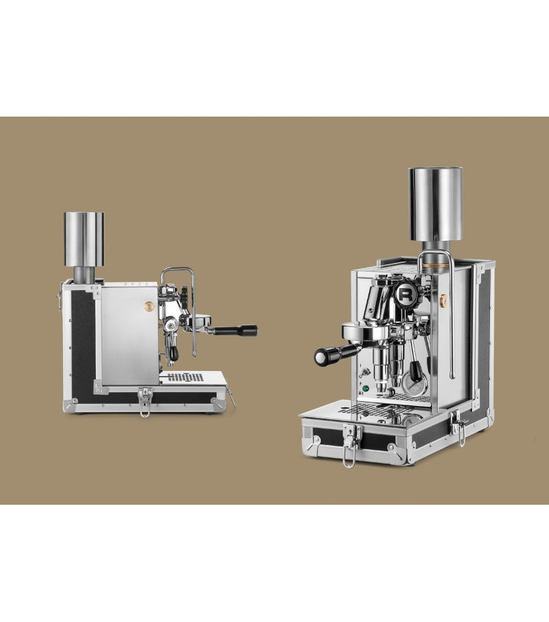 Espresso Machine Porta Via Rocket Espresso Domestica – Side and Three Quarter Views on Tan Background