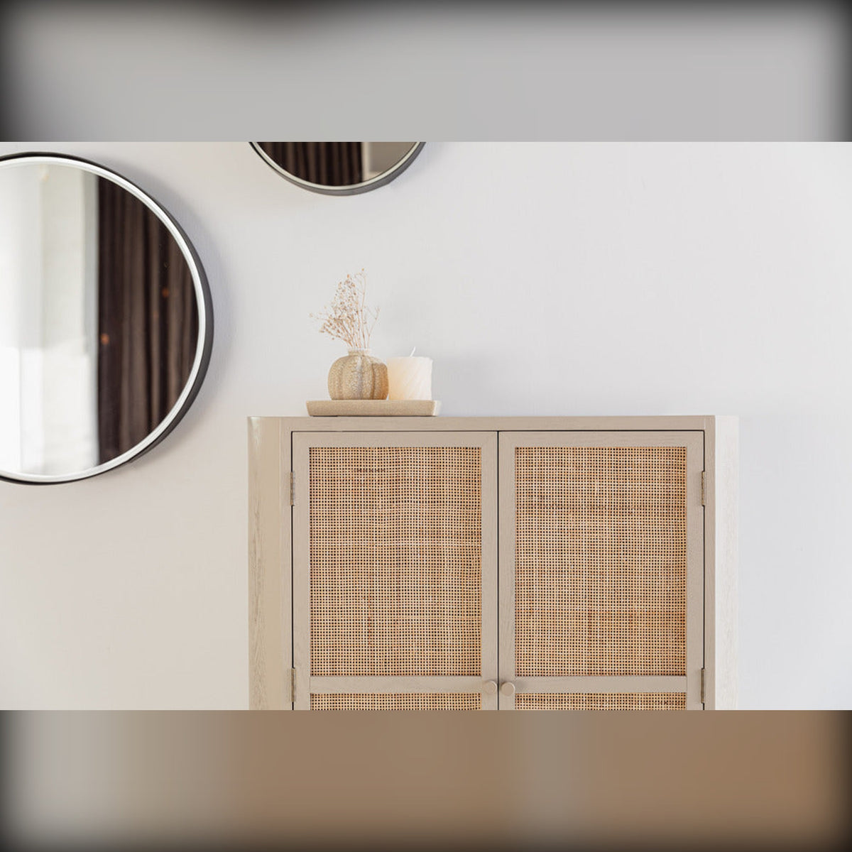 Cabinet Amaya Low 2 Doors Beige Domestica – Lifestyle – Wide View Below Wall Mirrors
