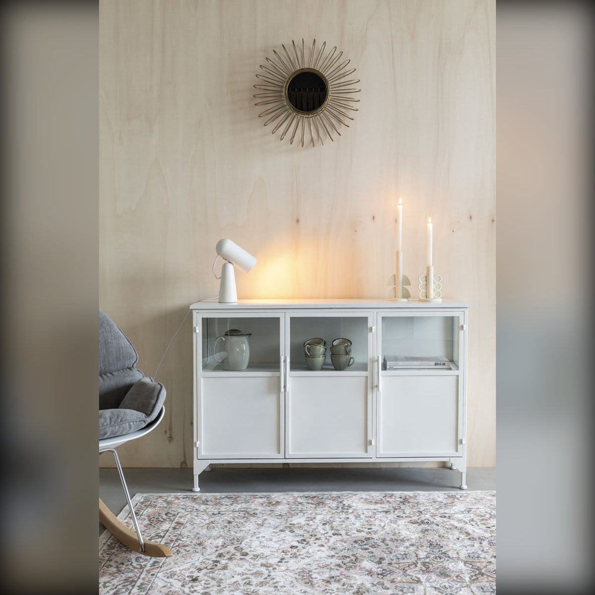 Cabinet Miya Low 3do Domestica – Lifestyle – With Sunburst Mirror, Lamp and Candles