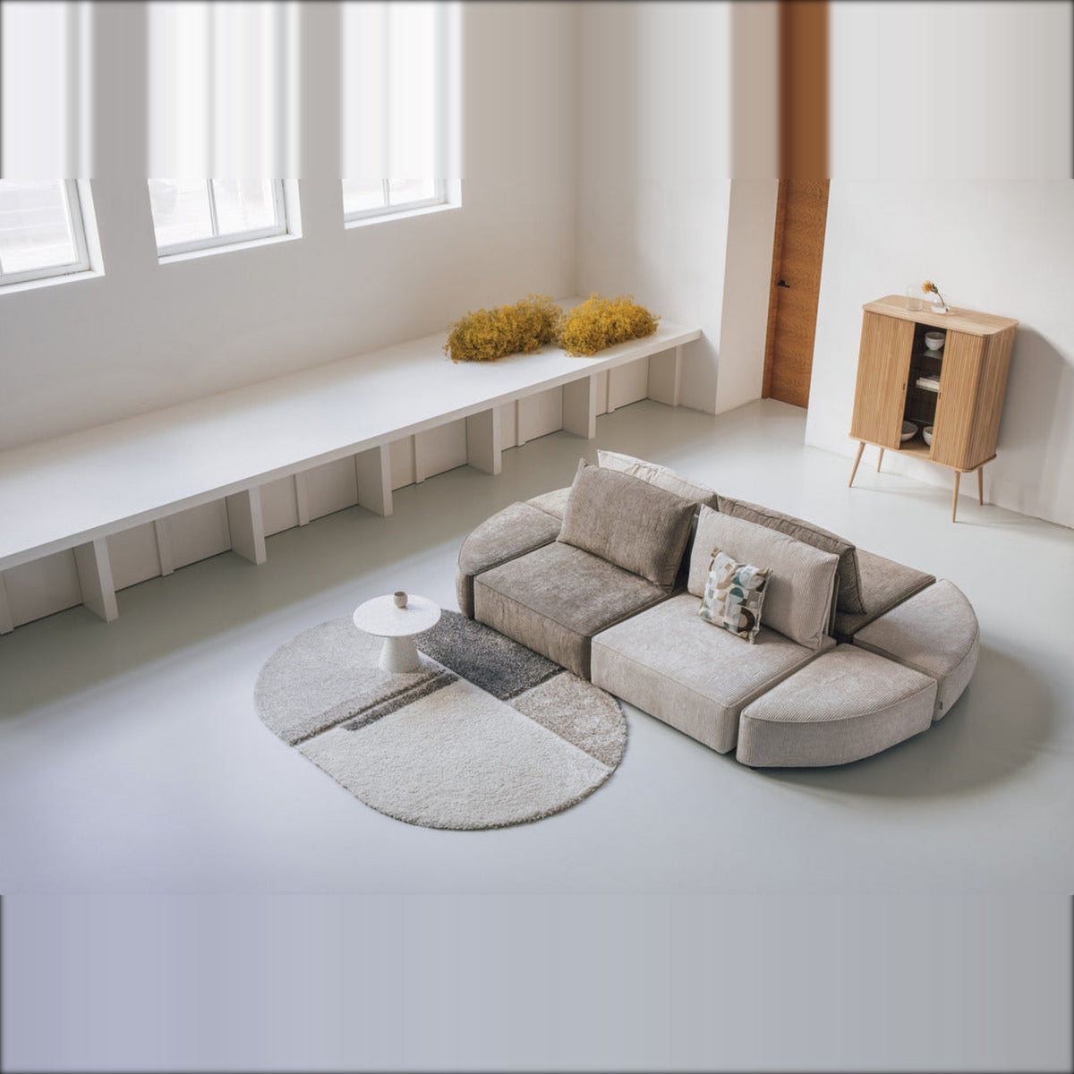 Cabinet Barbier Natural Domestica – Lifestyle – Loft Living Room with Grey Modular Sofa